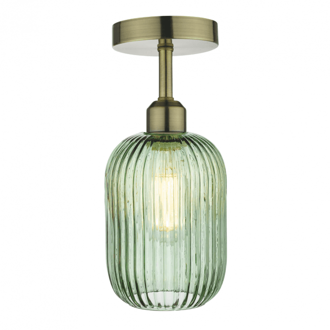 Sawyer Semi-Flush in Antique Brass with Green Ribbed Glass Shade