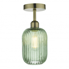  Semi Flush Antique Brass Ceiling Fixture With Green Ribbed Glass Shade