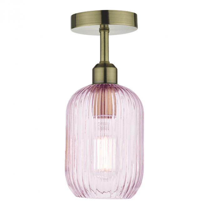 Sawyer Semi-Flush in Antique Brass with Pink Ribbed Glass Shade