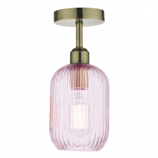 Semi Flush Antique Brass Ceiling Fixture with Pink Ribbed Glass Shade