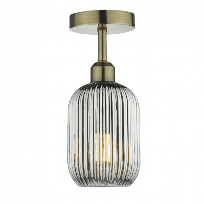 Sawyer Semi-Flush in Antique Brass with Smoked Ribbed Glass Shade