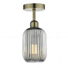 1 Light Semi Flush Suspension Antique Brass With SAWYER Smoked Ribbed Glass Shade