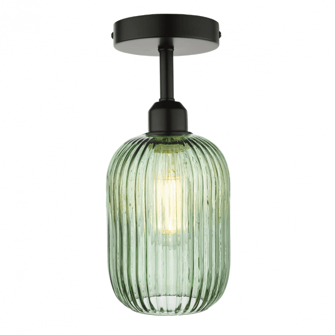 Sawyer Semi-Flush in Matt Black & Green Ribbed Glass