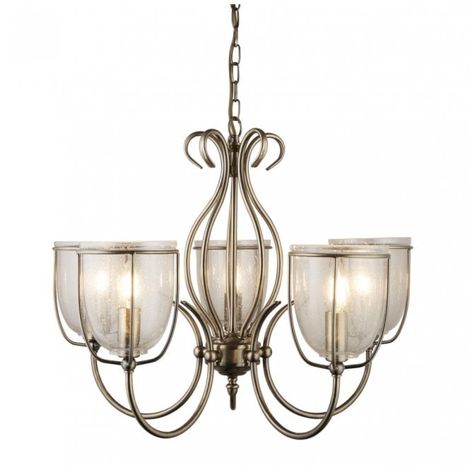 SILHOUETTE 5 light antique brass ceiling light with seeded glass shades