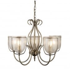 traditional 5 light antique brass ceiling light with clear seeded glasses