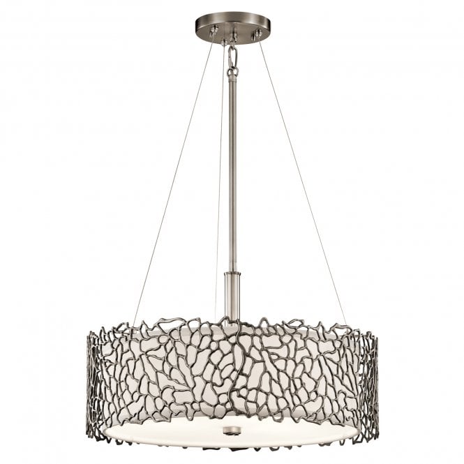 SILVER CORAL delicate patterned dual mount pendant in pewter with glass diffuser