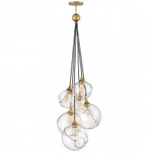SKYE 6 Light Ceiling Pendant Cluster Light Brass Asymmetrical Glass Globes