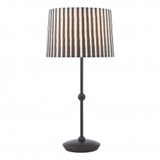 matt black table lamp with black and white striped lamp shade