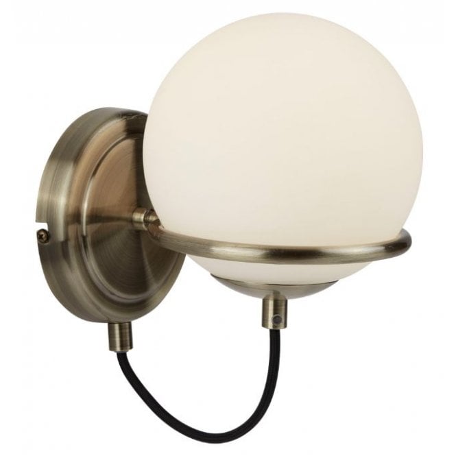 SPHERE antique brass wall light with opal white glass globe shade