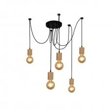 SPINNY 5 Light Pendant Cluster finished in Wood & Black