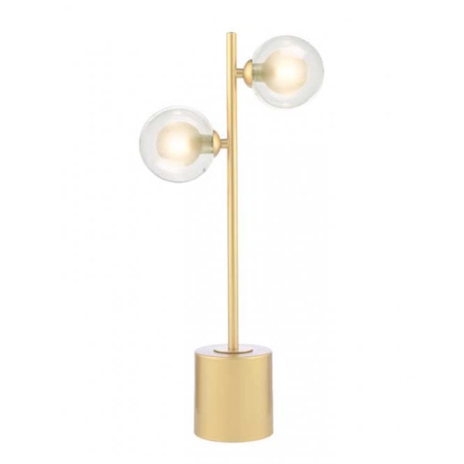 SPIRAL 2 Light Matt Gold Table Lamp with Clear and Opal Glass Globe Shades