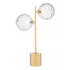 2 Light Matt Gold Table Lamp with Clear Dimpled Glass Globe Shades