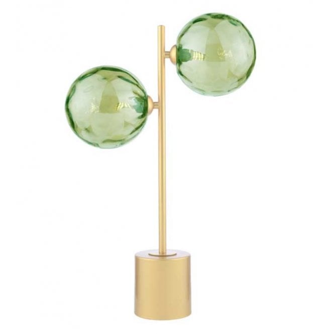 SPIRAL 2 Light Matt Gold Table Lamp with Green Dimpled Glass Globe Shades