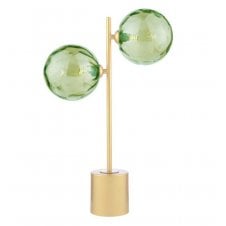 2 Light Matt Gold Table Lamp with Green Dimpled Glass Globe Shades