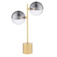 2 Light Matt Gold Table Lamp with Large Smoked and Clear Ribbed Glass Shades