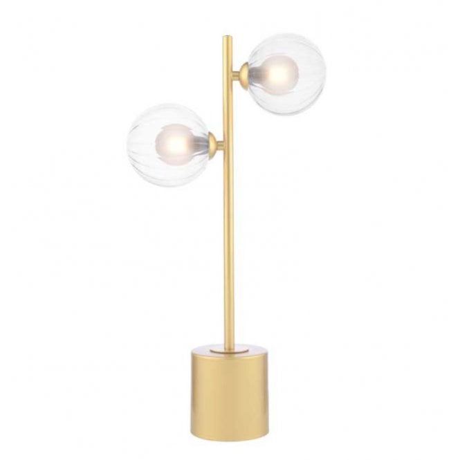 SPIRAL 2 Light Matt Gold Table Lamp with Opal and Clear Ribbed Glass Shades