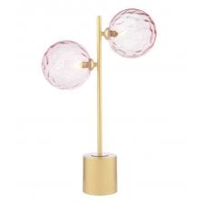 2 Light Matt Gold Table Lamp with Pink Dimpled Glass Globe Shades