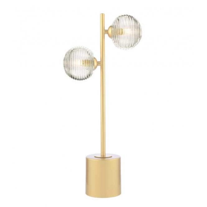 SPIRAL 2 Light Matt Gold Table Lamp with Ribbed Glass Globe Shades