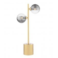 2 Light Matt Gold Table Lamp with Smoked and Clear Ribbed Glass Shades