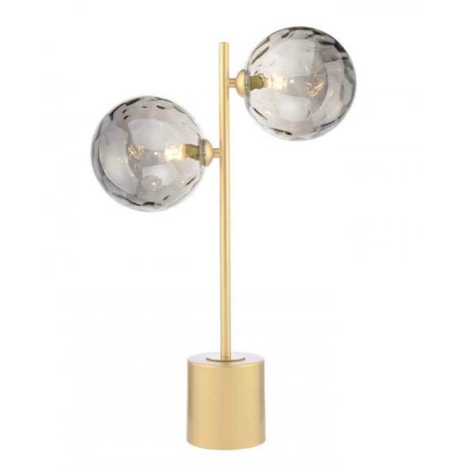 SPIRAL 2 Light Matt Gold Table Lamp with Smoked Dimpled Glass Globe Shades