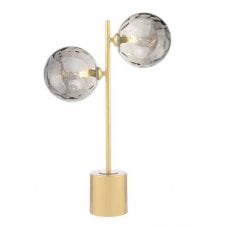 2 Light Matt Gold Table Lamp with Smoked Dimpled Glass Globe Shades