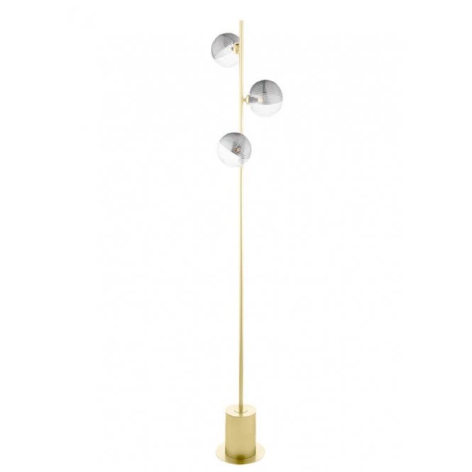 SPIRAL 3 Light Floor Lamp | Matt Gold With Smoked Clear Ribbed Glass (15cm)