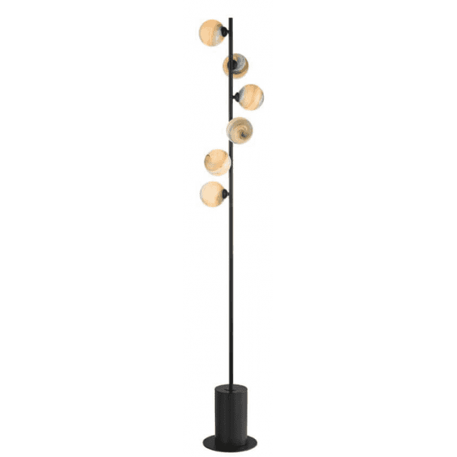 Spiral 6 Light Floor Lamp | Matt Black With Planet Glass (10cm)