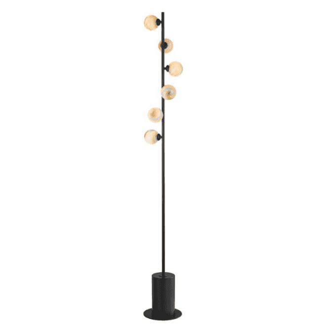Spiral 6 Light Floor Lamp | Matt Black With Planet Glass (8cm)