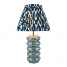 blue ceramic table lamp with blue ikat pattern shade