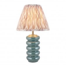 blue ceramic table lamp with neutral ikat pattern shade