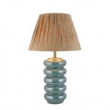 blue ceramic table lamp with raffia tapered shade
