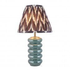 blue ceramic table lamp with grey zigzag pattern shade