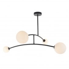 STABILITY Black Semi Flush Ceiling Light with 4 Opal Glass Shades