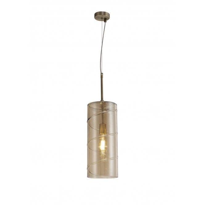 STACKER Ceiling Pendant Brass with Amber Cylindrical Glass Shade with Spiral Design