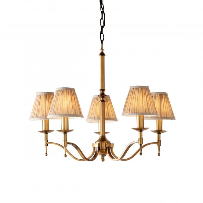 STANFORD 5 light aged brass traditional chandelier with candle shades