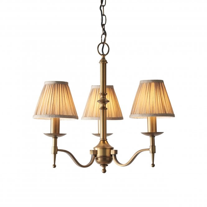 STANFORD small 3 light aged brass chandelier with candle shades
