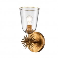 distressed gold wall light with glass shade