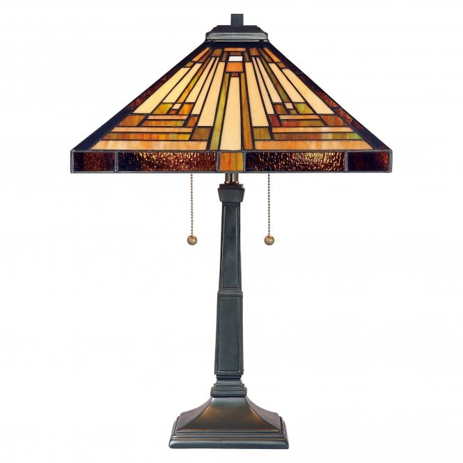 STEPHEN Tiffany table lamp with bronze base and decorative Art Deco glass panel shade