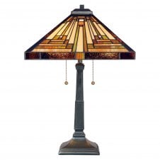 decorative geometric Tiffany table lamp in warm amber tones
