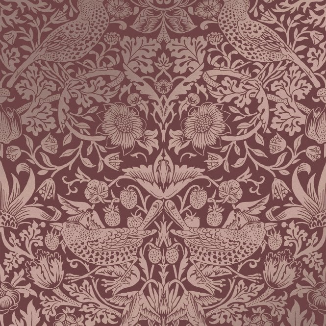 Strawberry Thief Fibrous Burgundy Red Wallpaper