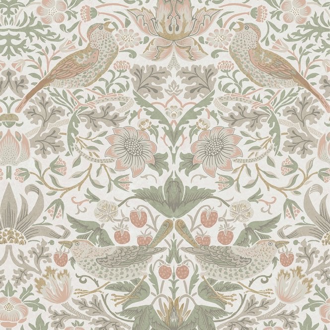 Strawberry Thief Sage & Pink  Multi Wallpaper
