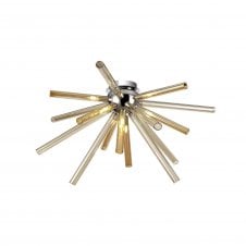 STRAWS 8 Light Flush Ceiling Light Polished Chrome with a burst of Amber and Champagne Glass Tubes