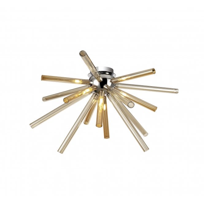 STRAWS 8 Light Flush Ceiling Light Polished Chrome with a burst of Amber and Champagne Glass Tubes