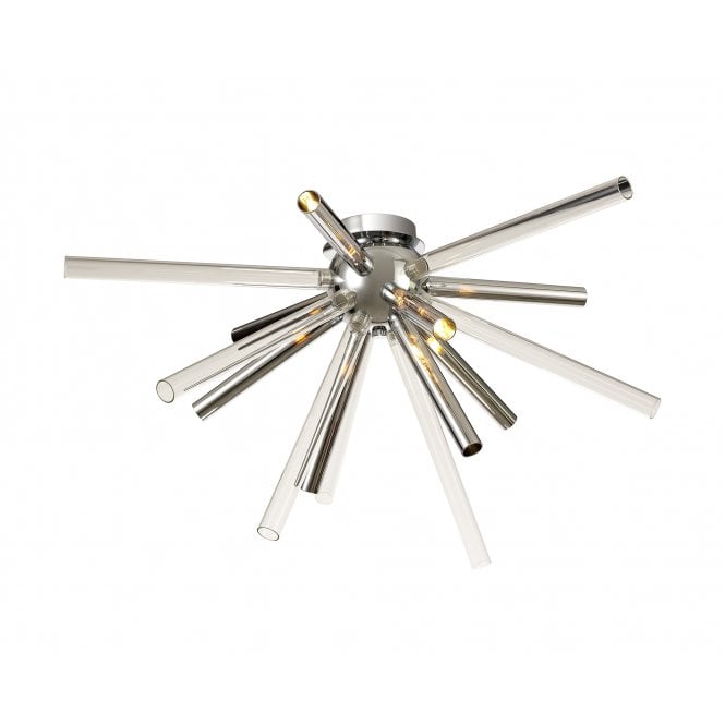 STRAWS 8 Light Flush Ceiling Light Polished Chrome with a burst of Smoked & Frosted Glass Tubes