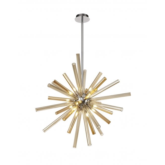 STRAWS Pendant Light, A burst of Amber & Champagne Glass tubes on a Polished Chrome Frame