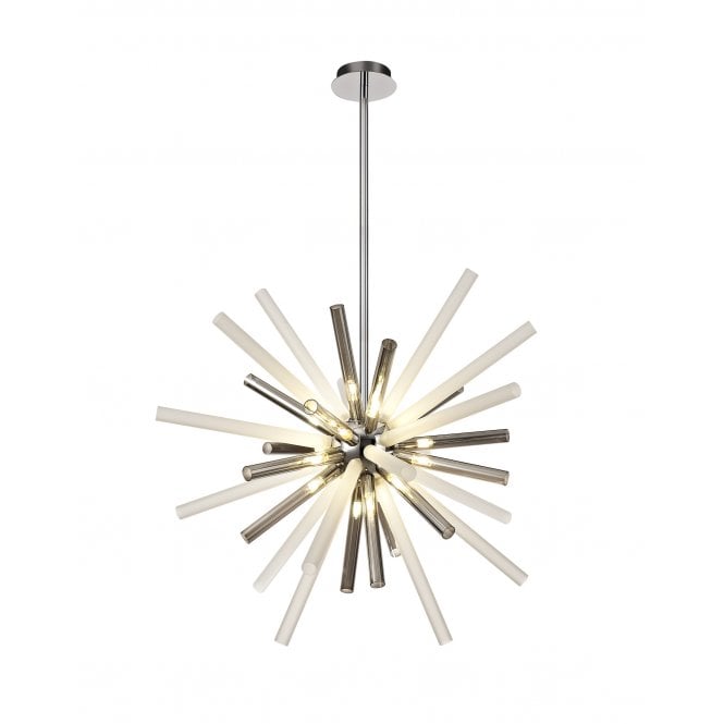 STRAWS Pendant Light, Polished Chrome with a burst of Smoked & Frosted Glass Tubes