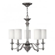 modern traditional brushed nickel chandelier with white shades
