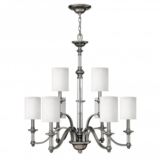 SUSSEX modern traditional 9lt chandelier in brushed nickel with white shades
