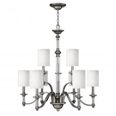 modern traditional brushed nickel chandelier with white shades