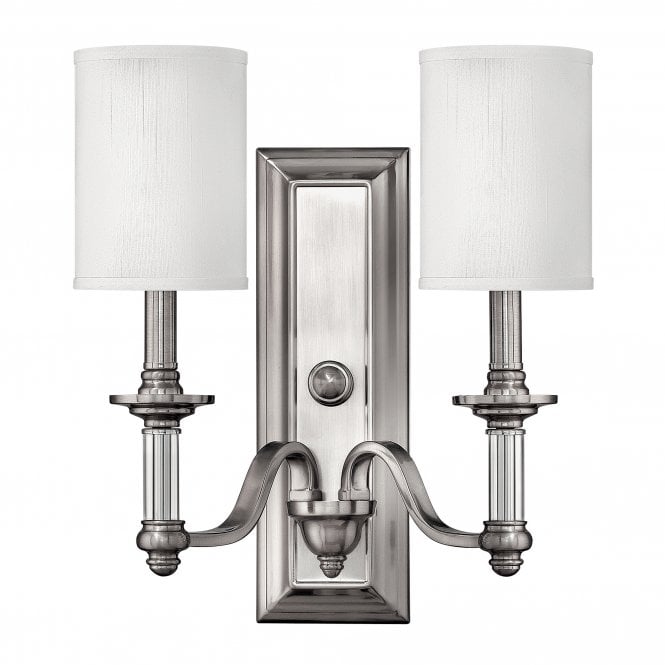 SUSSEX modern traditional double wall light in brushed nickel with white shades